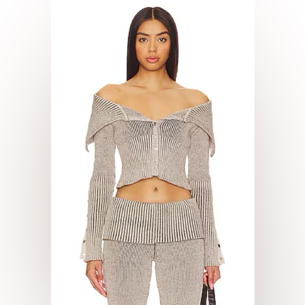 Jaded London plated popper tribeca sweater Off-Shoulder Ribbed Knit - Gray
